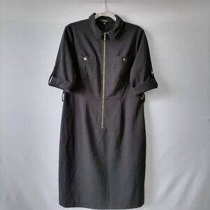 NWD Roz & Ali Womens Black Zip Up Collared Roll Tab Sleeve Sheath Dress Size 14P